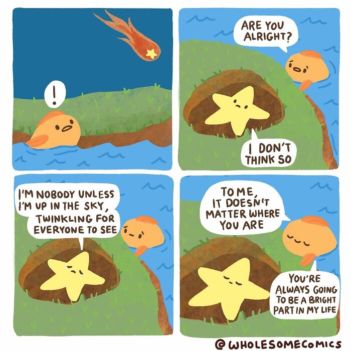 A wholesome comic showing a star falling to Earth, finding comfort and friendship with a small creature, a heartwarming scene.