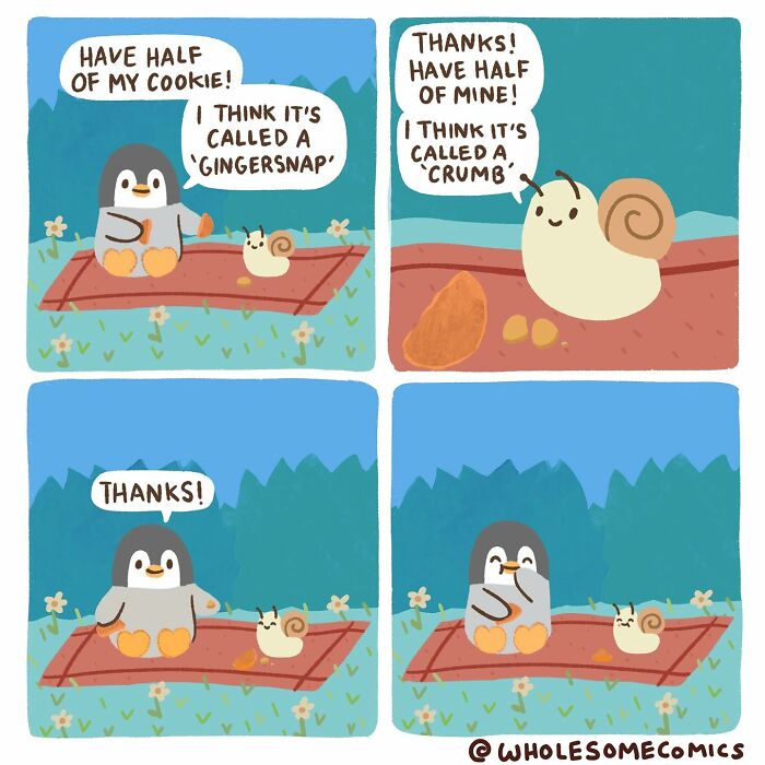 Wholesome comics of a penguin and a snail sharing a cookie, creating a heartwarming moment of friendship and healing hearts.