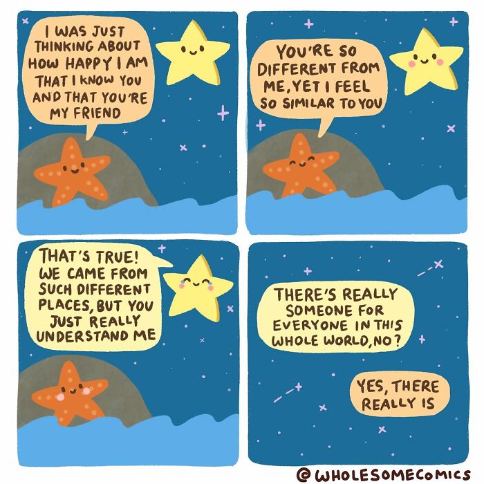 Wholesome comics of a starfish and a star discussing their unique friendship, healing hearts with connection.