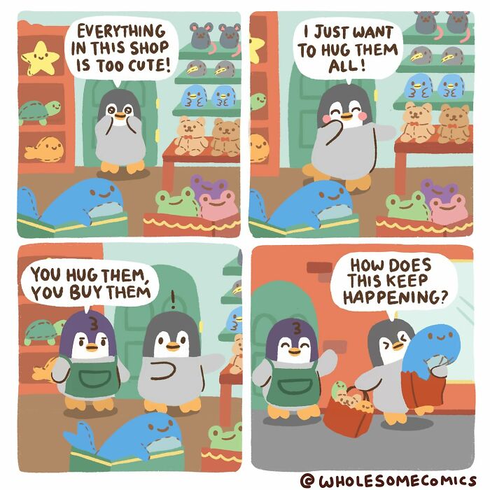 Wholesome comics of a penguin buying cute plush toys from a shop, healing hearts with adorable purchases.