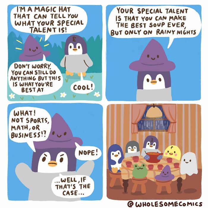 Wholesome comics of a magic hat revealing a penguin's special talent for making soup, healing hearts with self-discovery.
