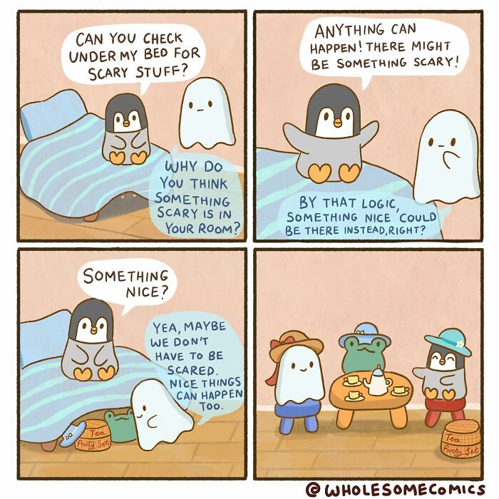 Wholesome comics show a ghost and penguin finding comfort under the bed, healing hearts by imagining nice things.