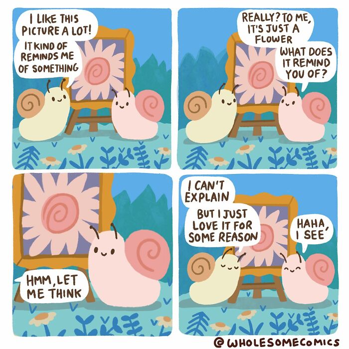 Wholesome comics featuring two snails discussing a painting, healing hearts with their sweet conversation.