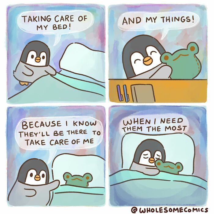 A wholesome comic of a penguin taking care of their bed and a frog plushie, then sleeping soundly with the plushie.