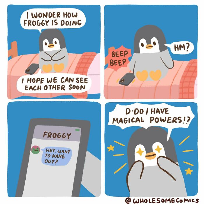 A wholesome comic depicting a penguin thinking about a frog, then receiving a text from Froggy for a hang out.