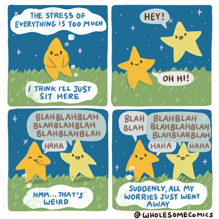 A wholesome comic depicting two stars where one feels stress and the other cheers it up, making worries disappear.