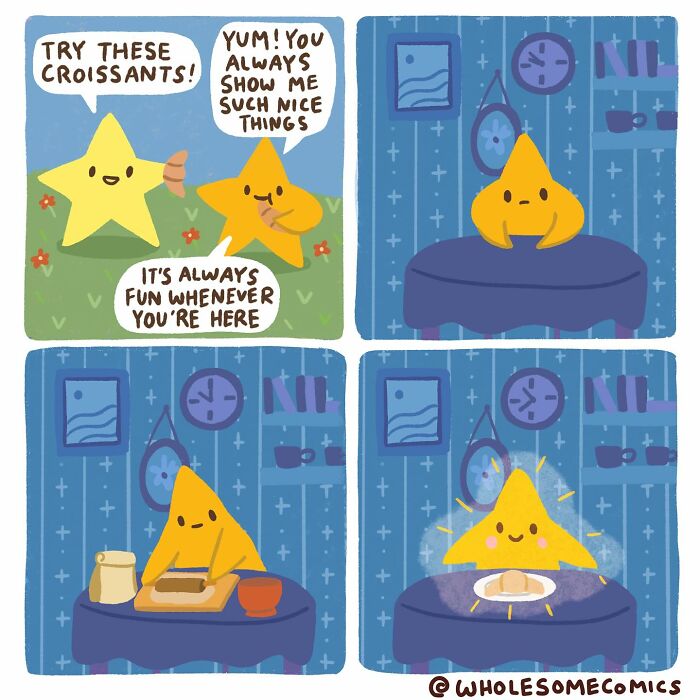 A wholesome comic showing two stars, one offering croissants to the other, making it feel appreciated and happy.