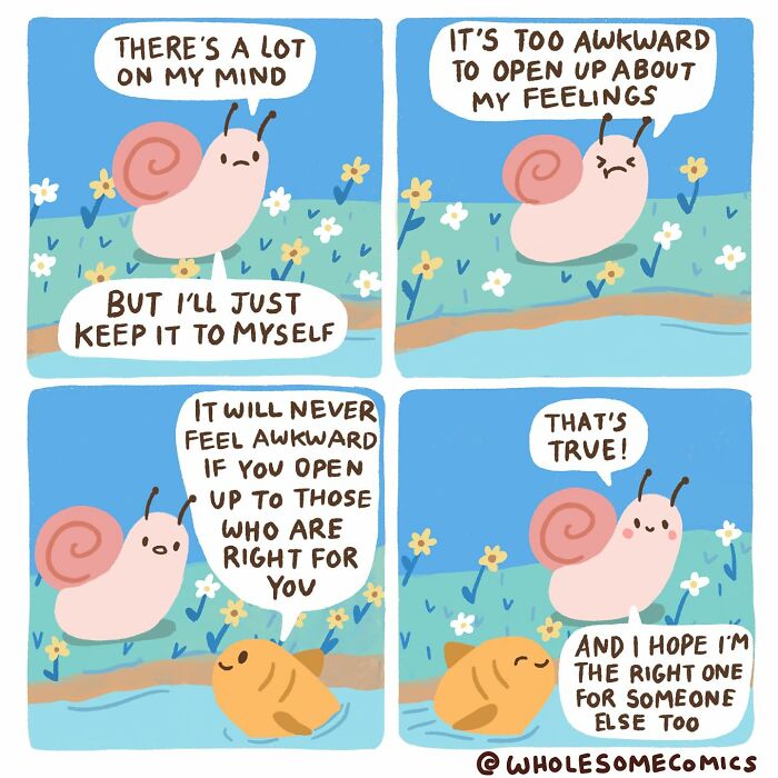 A wholesome comic illustrating a snail hesitant to open up, then learning to share feelings with the right people.