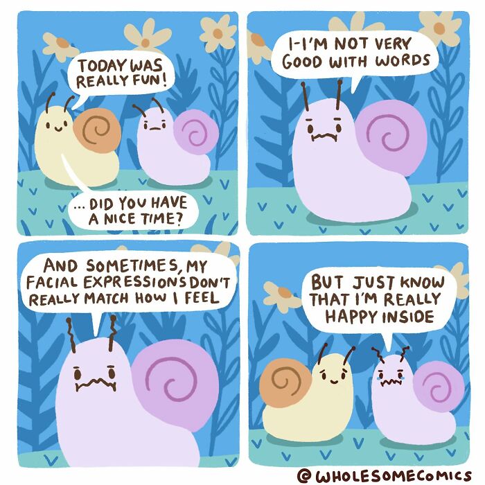 A wholesome comic showing two snails discussing how one snail is happy inside despite being bad with words and expressions.