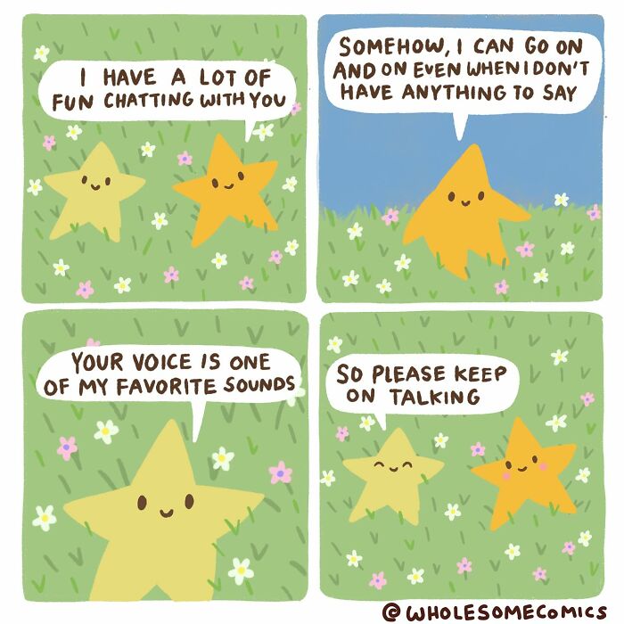 Wholesome comics feature two stars enjoying conversation, with one saying the other's voice is a favorite sound.