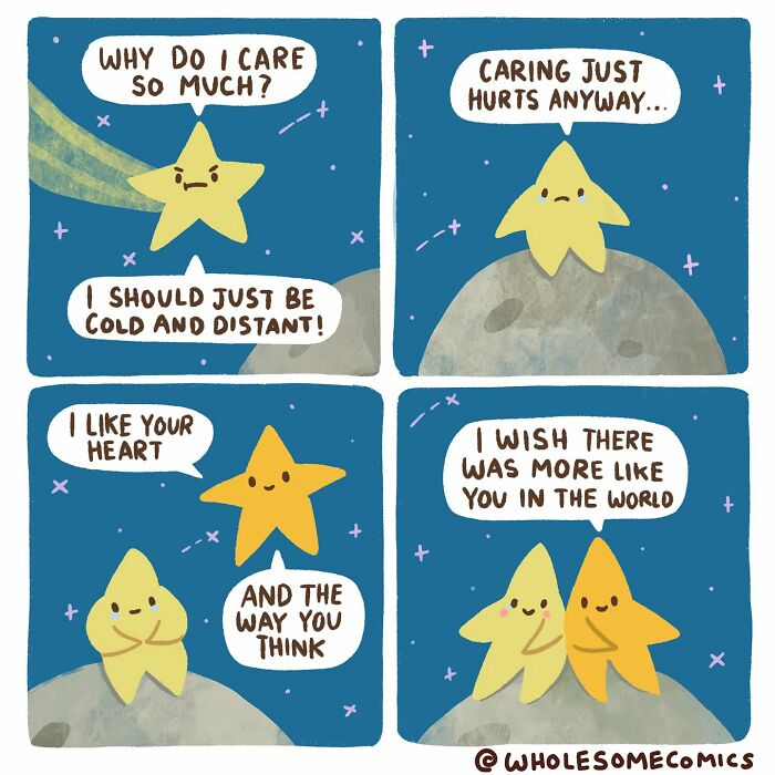 Wholesome comics illustrate a star feeling overwhelmed by caring, then being comforted by another star.