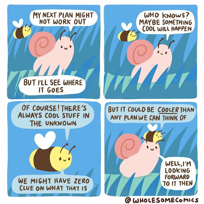 A wholesome comic with a snail and bee discussing future plans and embracing the unknown for emotional healing.