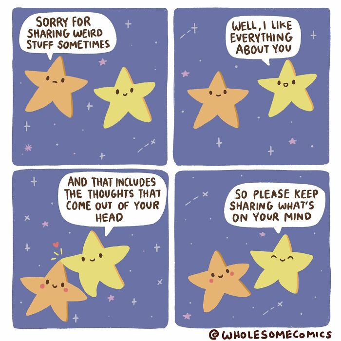 A wholesome comic featuring two stars sharing thoughts and encouraging open communication for emotional healing.