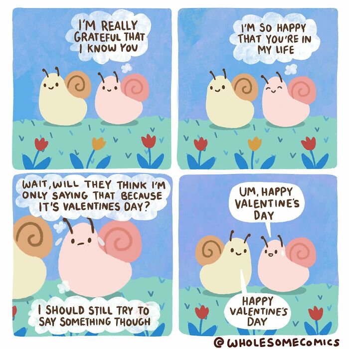 Wholesome comics with snails expressing gratitude and wishing a happy Valentines Day.