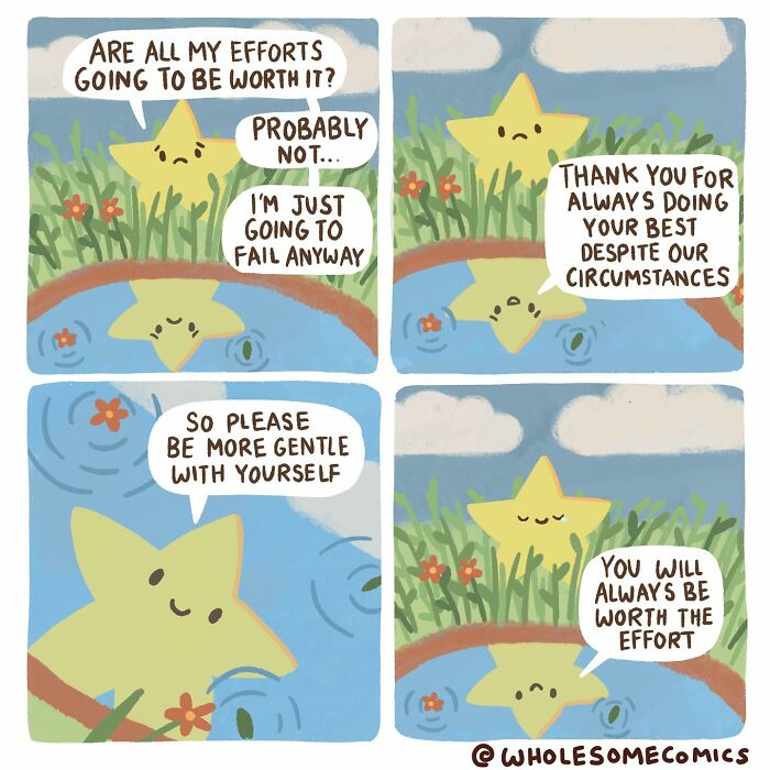 Wholesome comics where a star, reflected in water, learns self-worth and gentleness, acknowledging efforts.