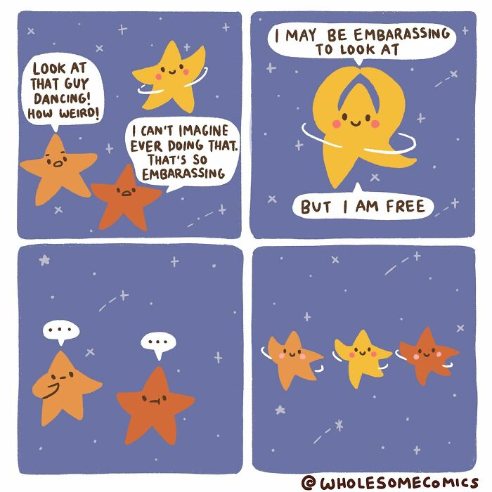 Wholesome comics featuring stars, one happily dancing, while others find it embarrassing, highlighting freedom.