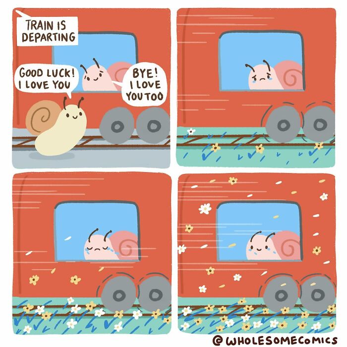 A wholesome comic depicting two snails saying goodbye as one departs on a train, showing emotional healing.
