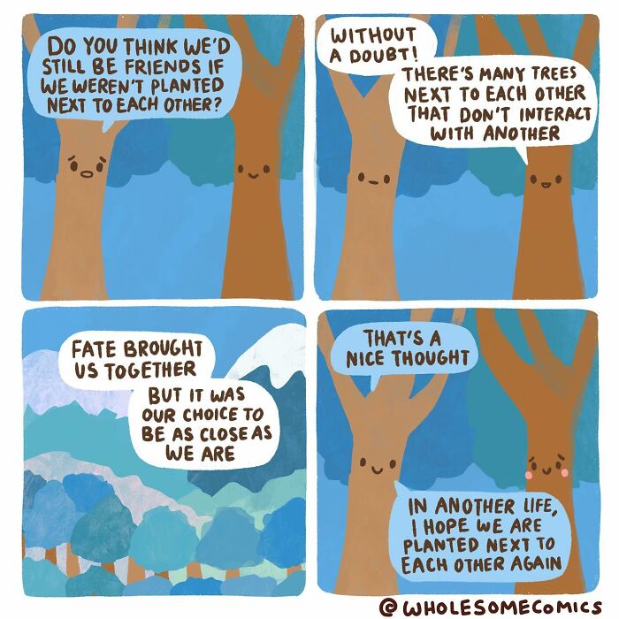 Wholesome comics of two trees discussing their friendship and connection despite being planted apart.