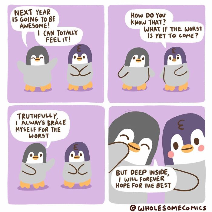 A wholesome comic of two penguins discussing the future, one hoping for the best despite bracing for the worst.
