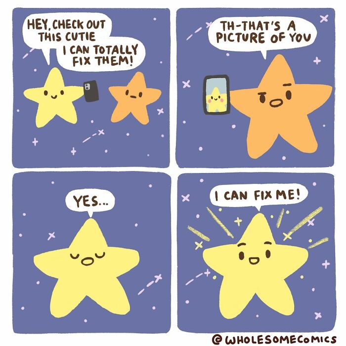A wholesome comic showing a star realizing they can fix themselves after looking at their reflection, bringing a smile to their face.