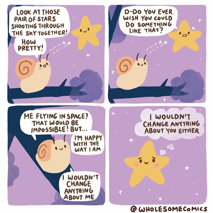 A wholesome comic illustrating a snail and a star admiring shooting stars, reflecting on self-acceptance and unchanging love.
