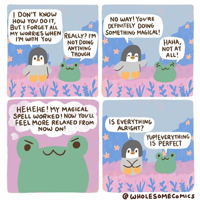 A wholesome comic featuring a frog enchanting a penguin to feel relaxed and happy, showcasing their heartwarming friendship.