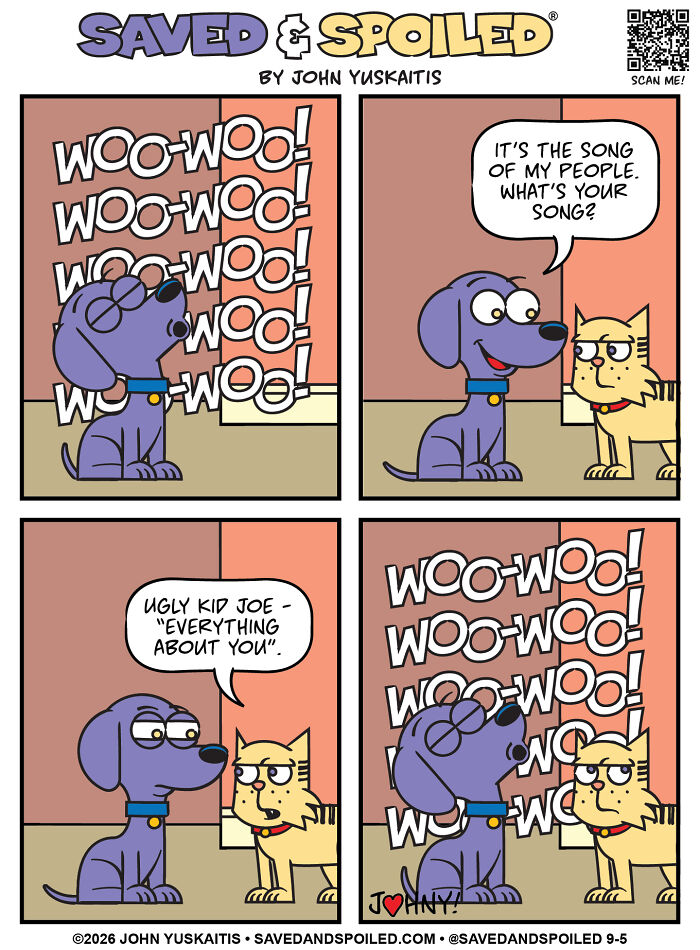 A comic of a dog and a cat figuring out how to coexist, with the dog barking Woo-woo!