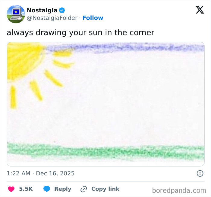 A simple drawing with a yellow sun in the corner, green grass, and a blue sky, evoking nostalgia.