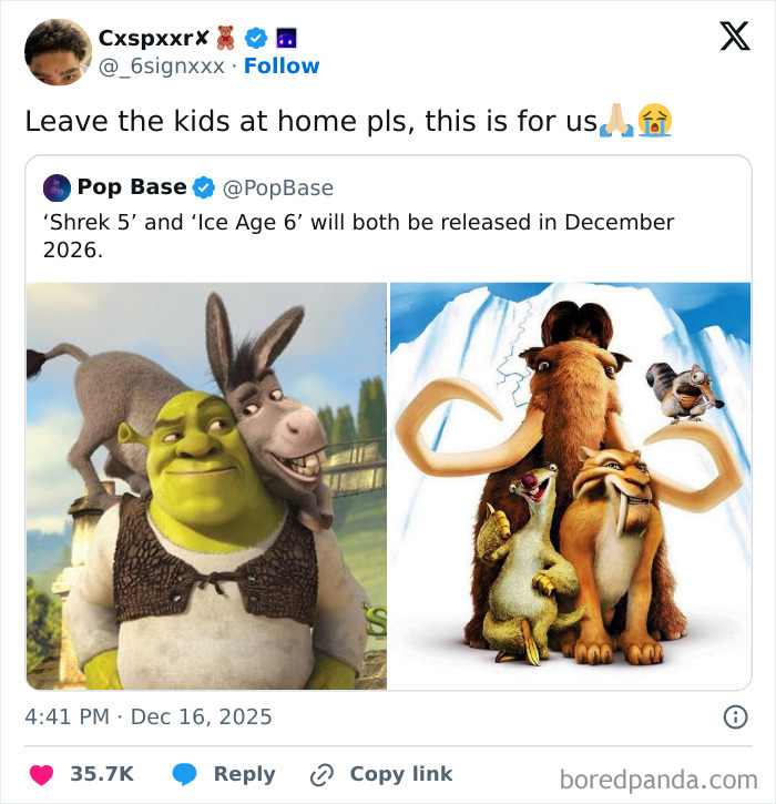 A hilarious meme announcing Shrek 5 and Ice Age 6 releases in 2026, with images of Shrek, Donkey, Manny, Sid, and Diego.
