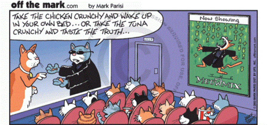 Funny one-panel comic by Mark Parisi: A dog playing poker with a cat. Cartoon animals are playing cards at a table.