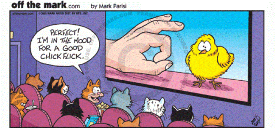 Funny one-panel comic by Mark Parisi: A person on a couch talking to their dog and cat. Cartoon pets give funny reactions.