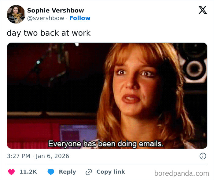 A meme featuring Britney Spears looking confused, representing the reality of returning to 9-to-5 life after a break.