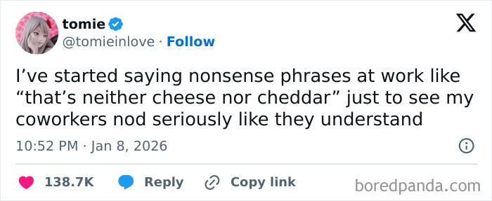 A tweet about a painful reality of 9-to-5 life: saying nonsense phrases at work like that's neither cheese nor cheddar.
