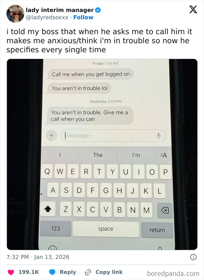 A tweet about a painful 9-to-5 life reality: a boss textually reassuring an employee they are not in trouble.