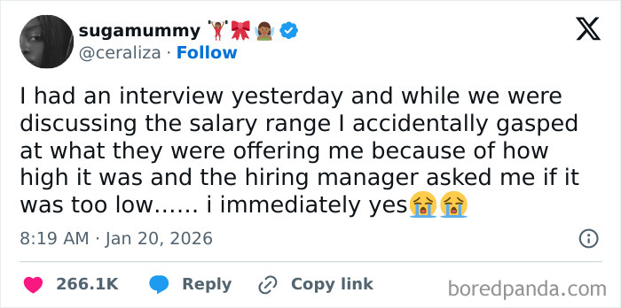 A tweet about a hilarious 9-to-5 life reality: an accidental gasp at a high salary offer during an interview.