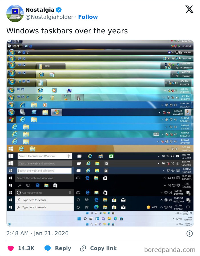 A compilation of Windows taskbars from various operating system versions over the years, evoking nostalgia.
