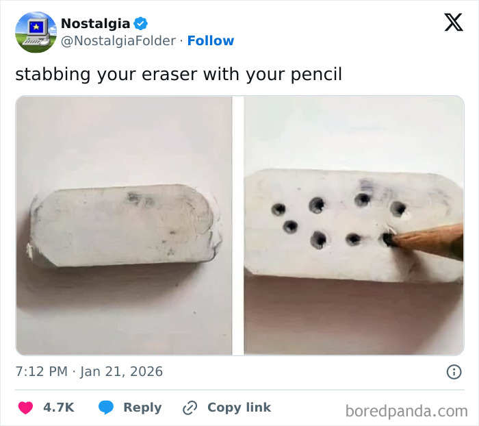 Two images show an eraser: one pristine, the other with multiple pencil holes, evoking nostalgia.