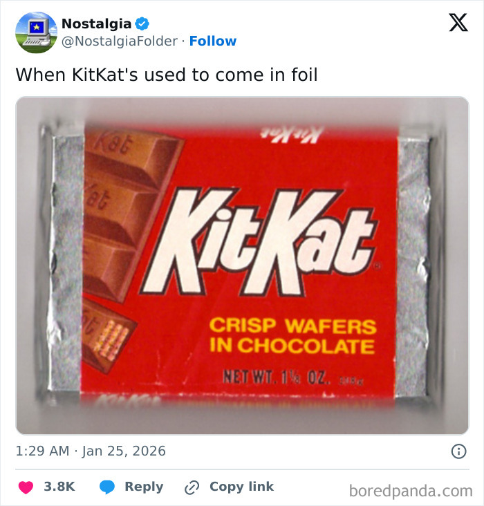 A vintage KitKat bar in foil packaging, bringing back memories and nostalgia.
