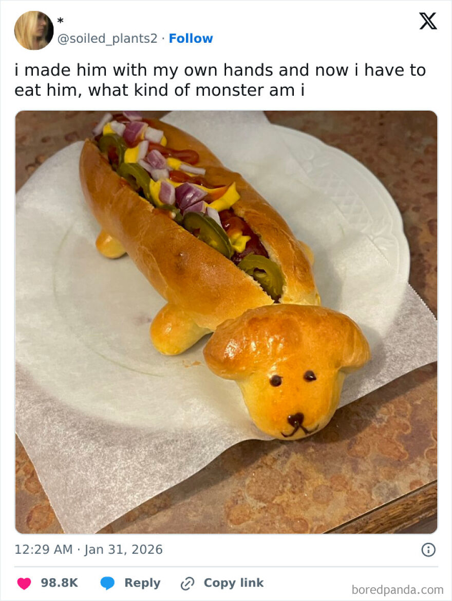 A hilariously unhinged screenshot of a hot dog shaped like a dog with a separate bun for the head.