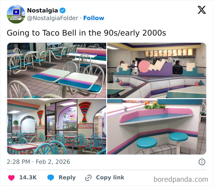 Interior shots of a 90s/early 2000s Taco Bell, sparking nostalgia for its unique aesthetic.