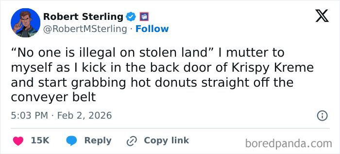 Funny post: Robert Sterling tweet about kicking in the back door of Krispy Kreme for hot donuts, capturing the reality of being an adult.