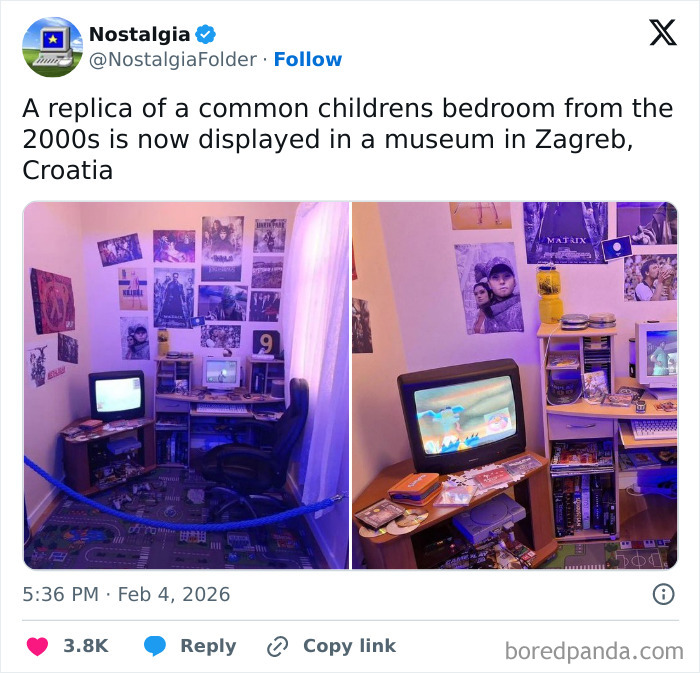A museum replica of a 2000s childrens bedroom with posters and old electronics, triggering nostalgia.