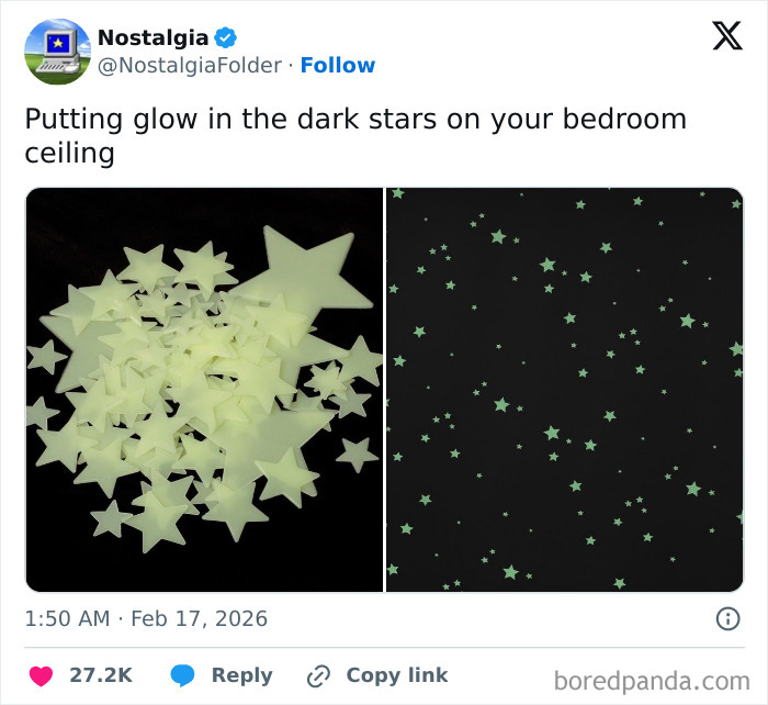 A pile of glow-in-the-dark stars and a ceiling covered with glowing stars, evoking nostalgia.