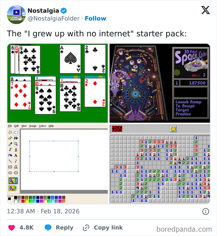 A collage of classic computer games like Solitaire, 3D Pinball, MS Paint, and Minesweeper, a nostalgic folder of pre-internet fun.
