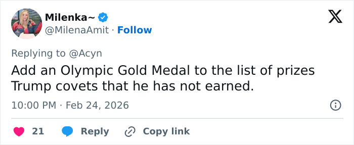 Screenshot of a tweet calling out Kindergartener Trump for coveting an Olympic Gold Medal he has not earned. Screenshot of a tweet calling out Kindergartener Trump for coveting an Olympic Gold Medal he has not earned.