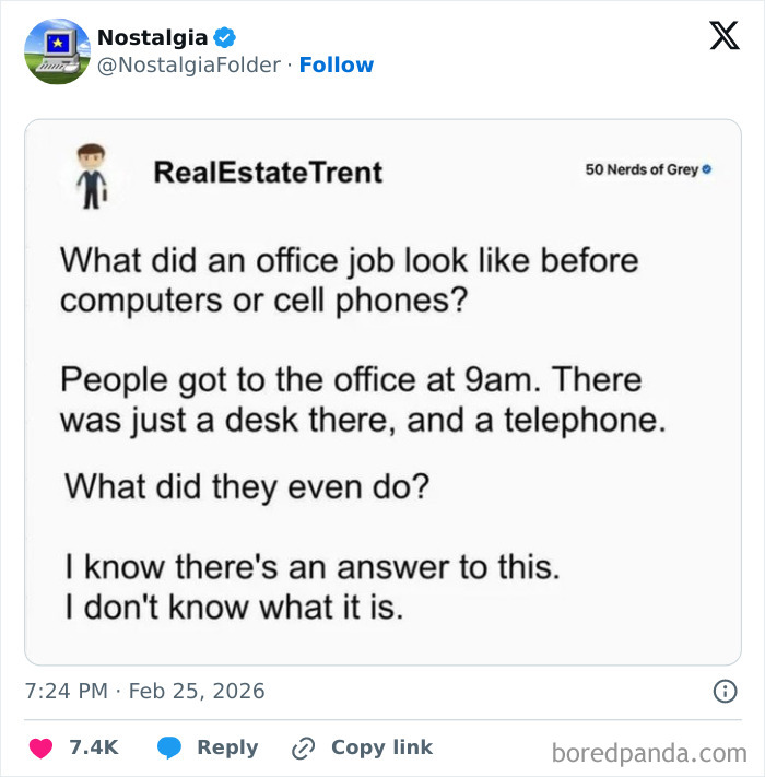 A tweet questioning how office jobs functioned before computers, sparking nostalgia for past work environments.