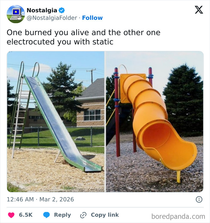 A split image showing a metal playground slide on the left and an orange plastic tube slide on the right, evoking nostalgia.