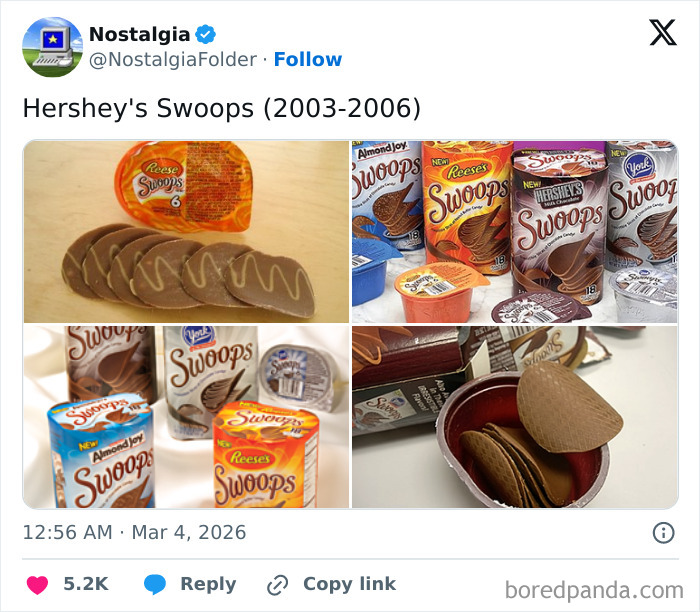 A collage of images featuring Hershey's Swoops chocolate, showcasing packaging and the chocolate pieces, stirring nostalgia.