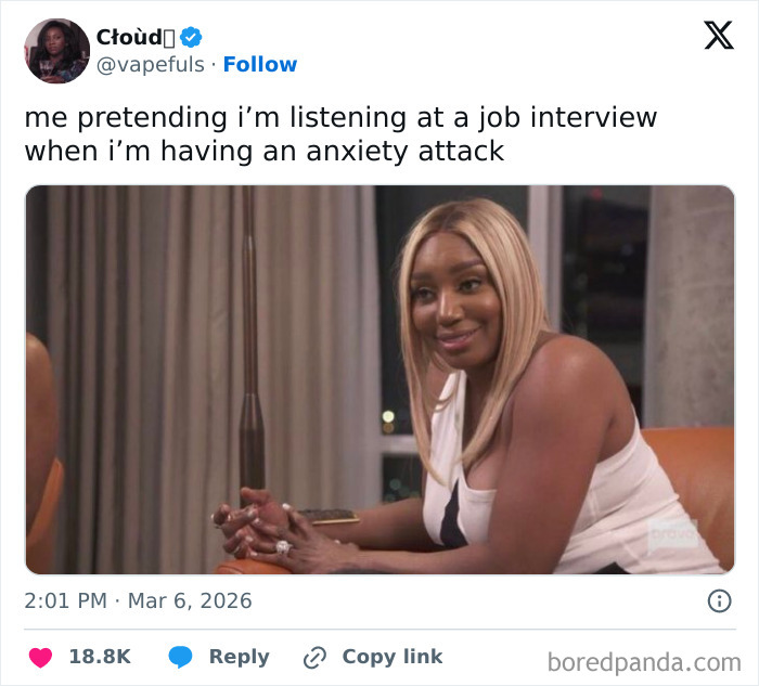 A tweet about the painful realities of 9-to-5 life, depicting a person pretending to listen during a job interview.