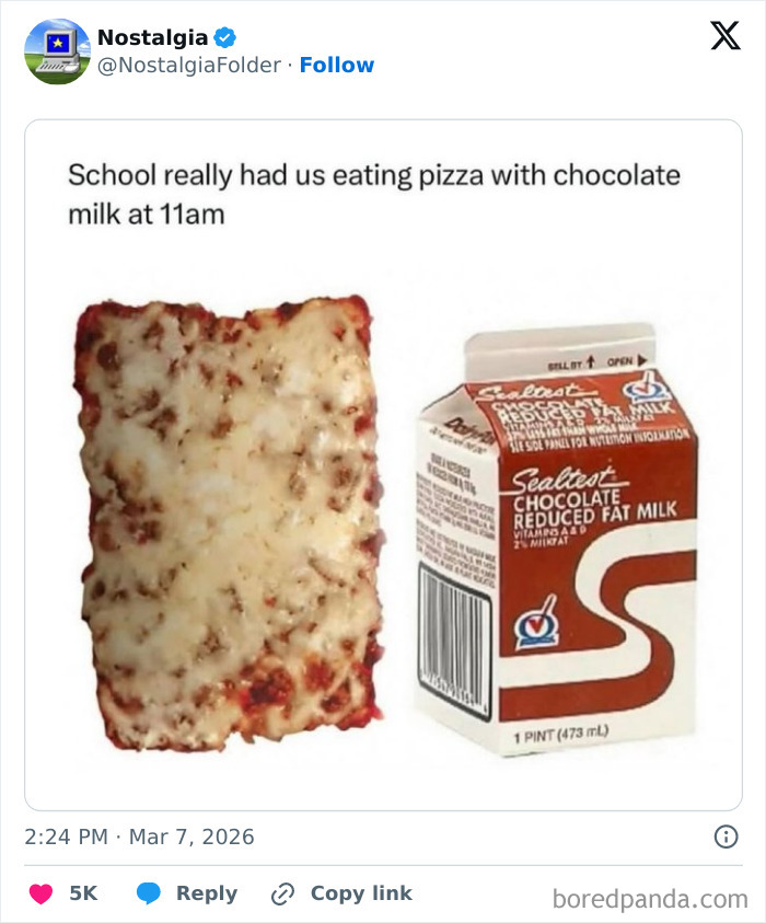 A slice of school cafeteria pizza with melted cheese next to a small carton of Sealtest chocolate milk, for nostalgia.